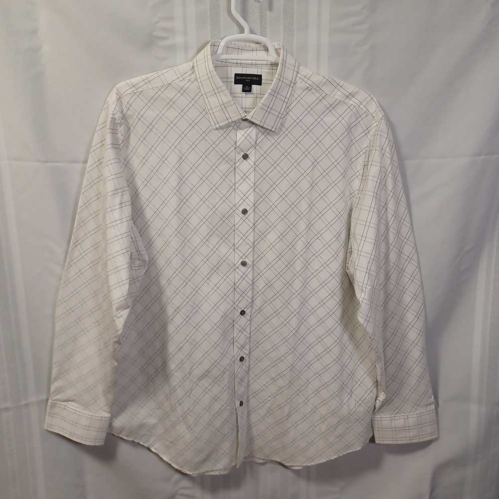 Banana Republic Shirt Mens XXL White Grid 577436 Cotton Long Sleeve Button Down